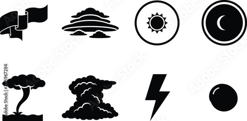Bild auf Leinwand Set of black weather icons and natural phenomena symbols representing meteorolog