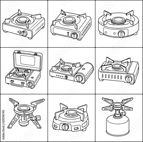 A collection of line art illustrations displays various portable camping gas stoves.