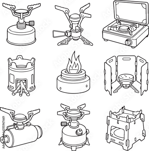 A collection of line art icons depicting various portable camping stoves and gear.