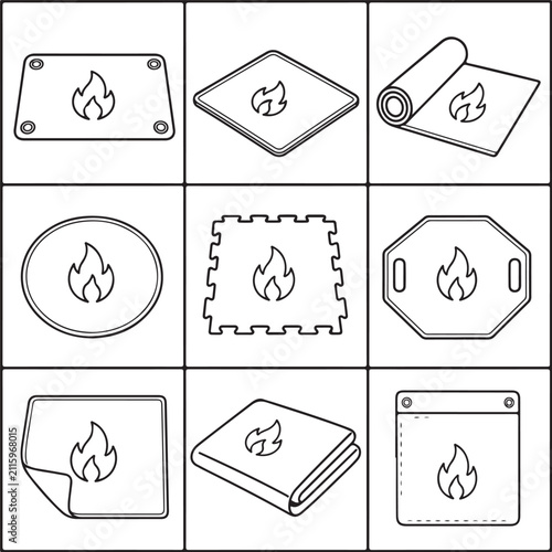 A grid of nine black and white line art icons depicts various shapes of fire-resistant.