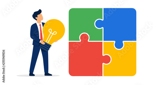 Confident businessman holds a glowing yellow lightbulb beside colorful puzzle pieces, vividly representing creativity, innovative problem solving, strategic insight, business solutions, inspiration,