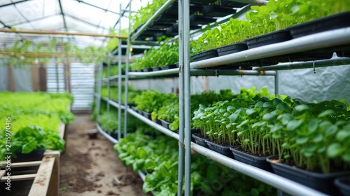 Multilevel greenhouse for growing plants illuminated by natural daylight. Drip irrigation and hydroponics system for the premises.