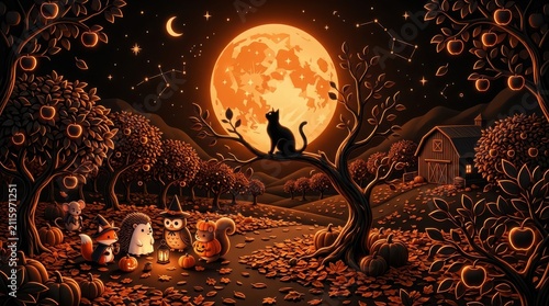 Cute woodland animals celebrating halloween night in magical glowing apple orchard under large bright orange harvest moon.