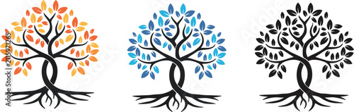 Photography Three stylized trees with roots and leaves in orange blue and black variations K