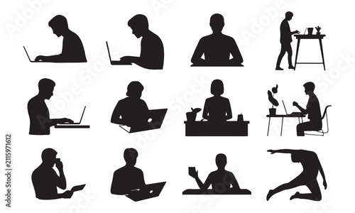 Assorted black silhouettes of people working at desks with laptops, standing at workstations, holding documents, and performing yoga or stretching poses on a white background