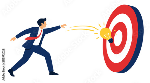 Dynamic businessman launching a glowing light bulb toward a red target, symbolizing innovative ideas, creative thinking, strategic vision, precision, problem solving, and business goals