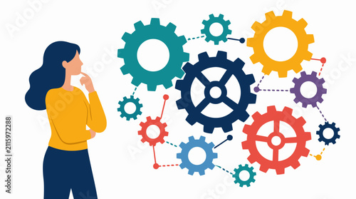 Thoughtful businesswoman analyzing colorful interlocking gears and cogwheels, bold flat vector illustration of complex systems, strategic planning, process management, innovation, and efficiency