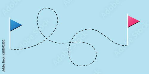 Conceptual graphic of an intricate dotted path connecting two distinct flags, representing a strategic journey with obstacles, progress, and a final destination