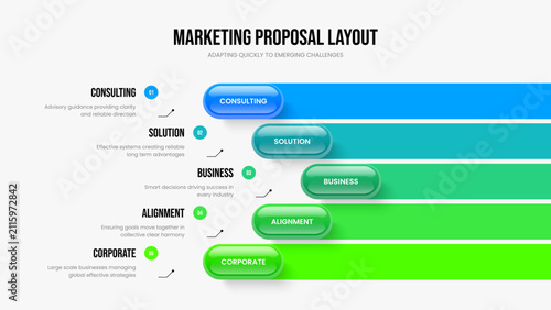 Market Profile Slideshow Template Vector Illustration. Company Campaign Five Element Infographic Slide Design. Visual Showcase 5 Step Diagram Presentation Layout.