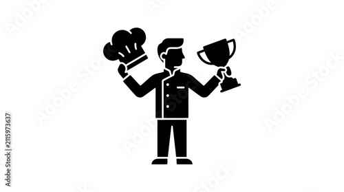 Quadro su tela Chef standing proudly in uniform holds a golden trophy cup to celebrate achieving a major culinary award and excellence in high-end gastronomic achievement within the industry