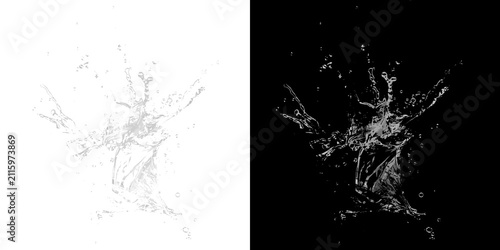 Dynamic water splash isolated on black. Liquid explosion effect for graphic design.