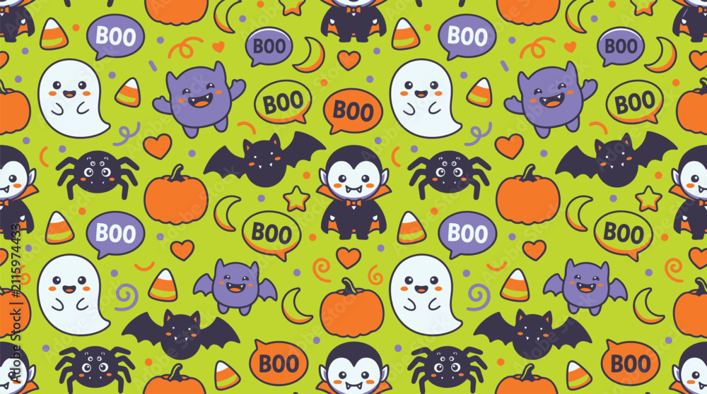 Fototapeta premium Cute Halloween Monster Seamless Pattern with Ghost, Vampire, Bat and Pumpkin Characters