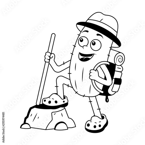 Outdoor cactus character hiking with a backpack and walking stick.