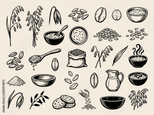 Linocut ink illustration of oat plant, porridge bowl, and oatmeal flake, isolated on cream