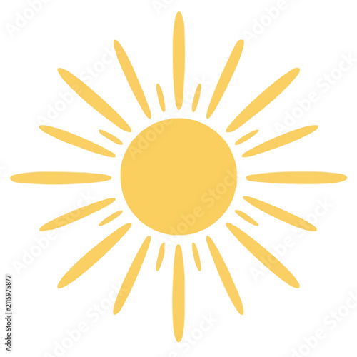 A bright yellow sun with radiating light beams depicted in a clean flat vector illustration style, perfect for summer themes, weather icons, or cheerful graphic design projects on white background