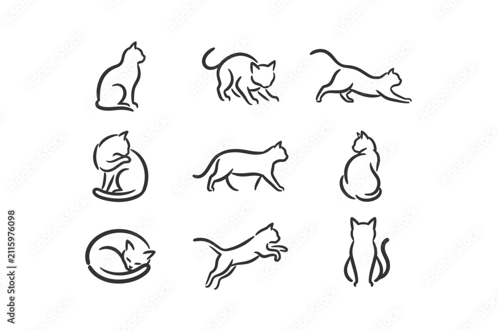 Obraz premium Nine simple black line art cat illustrations showcasing different poses and movements on a white background