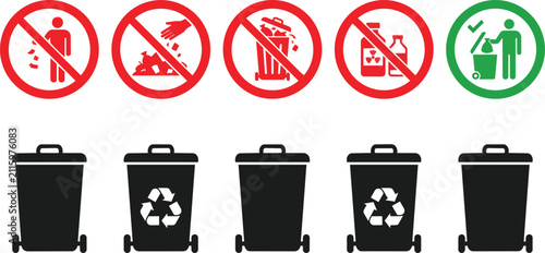 Collection of waste management prohibited and allowed signs illustrated as a vector graphic on white background