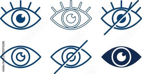 Minimalist eye icons set featuring various styles of ocular symbols rendered as vector on white background