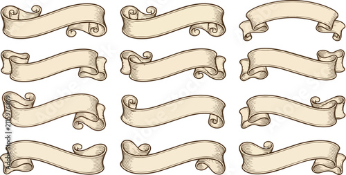 Vintage scroll ribbon vector illustration set featuring various artistic designs displayed clearly on white background