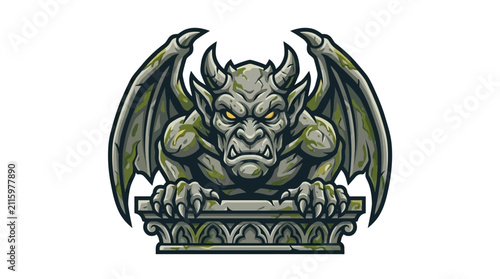 фотографія A menacing stone gargoyle with glowing yellow eyes perched on an ornate gothic p