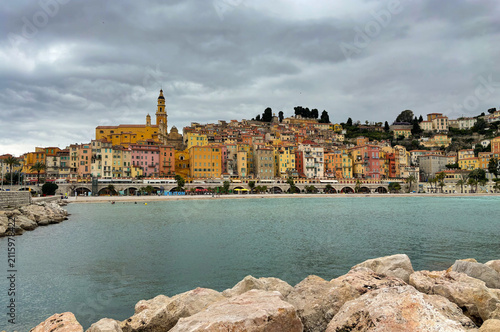 Scenic view of Menton old town with colorful houses and coastline along French Riviera,  Côte d'Azur, France.