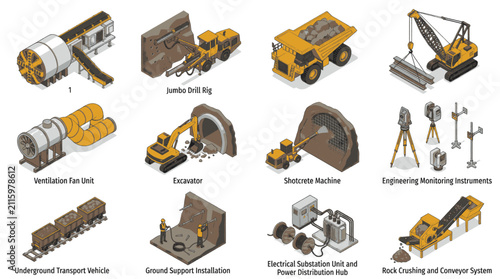 Foto Collection of isometric illustrations depicting heavy machinery and equipment used in construction and mining industries