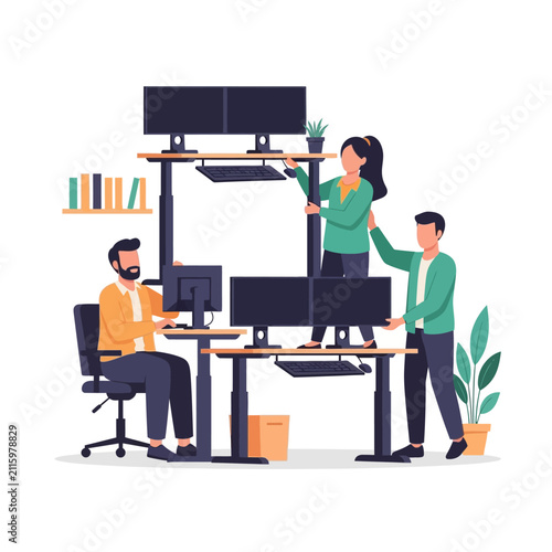 Diverse professionals working at ergonomic standing desks in a modern office environment, promoting productivity and well-being.