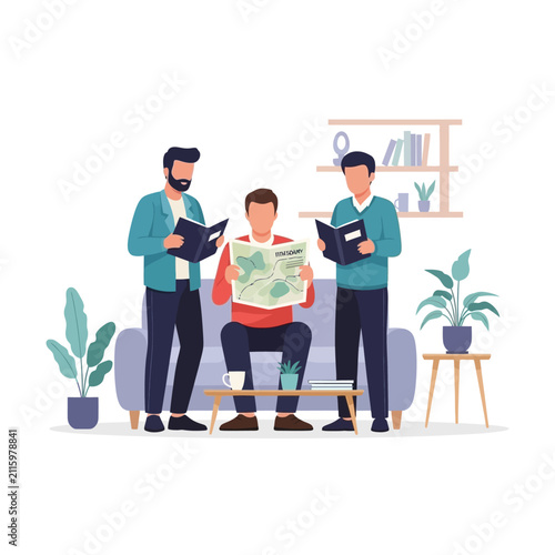 Diverse group of men collaborating and discussing ideas in a modern, minimalist office setting with plants and coffee table.