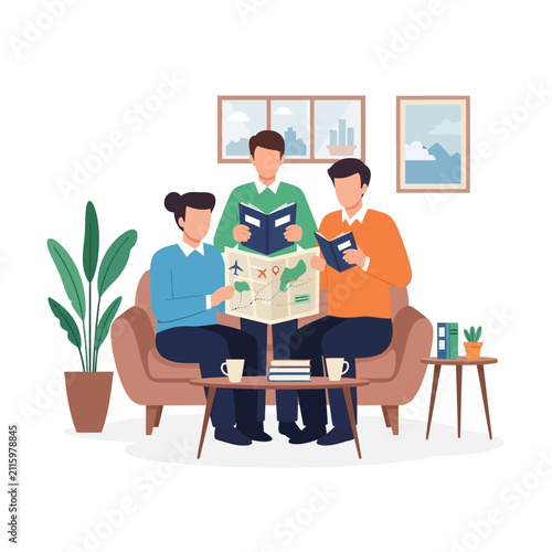 Diverse group of people planning a trip, studying map and books in a comfortable living room setting