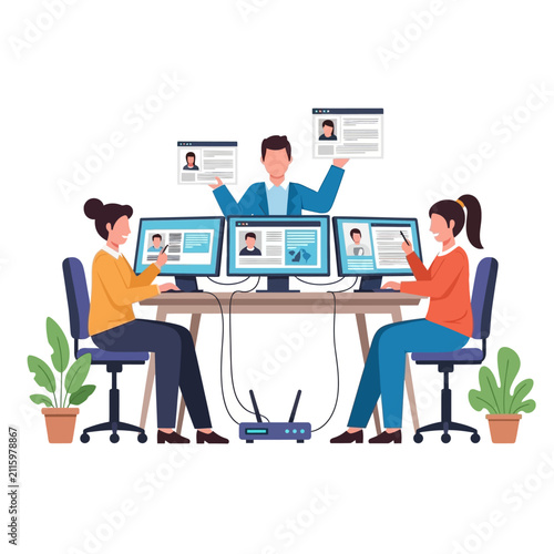 Diverse team collaborating on digital profiles and data analytics using computers and routers in a modern office setting.