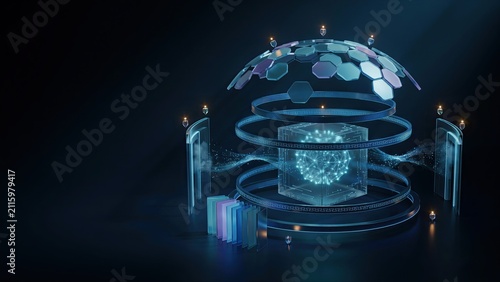 Data core glows inside a glass cube structure surrounded by floating hexagonal rings and neon light filaments.