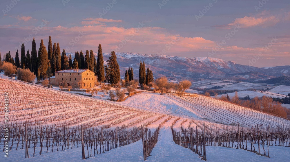 Fototapeta premium Snow-covered vineyard rows at golden hour in a Tuscan hillside