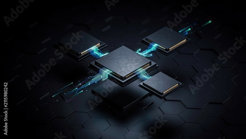 Microchips communicate via radiant light pathways across a dark hexagonal grid surface representing advanced hardware.