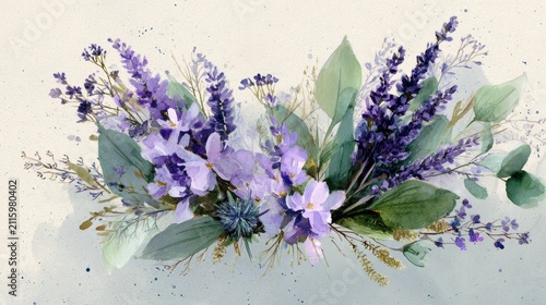 Soft pastel floral arrangement featuring lavender stems, leaves, and delicate branches