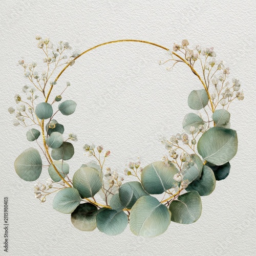 Soft green eucalyptus floral frame with gold trim, ideal for greeting cards and prints