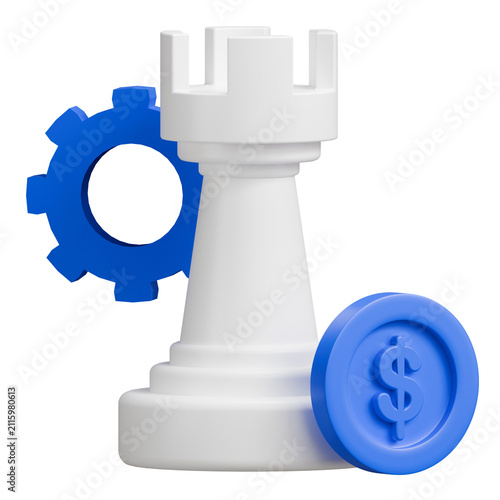 Fotografía 3D Business Strategy Icon with Chess Rook Gear and Dollar Coin