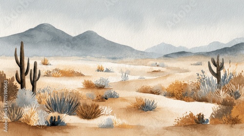 Soft wash illustration of arid plains, warm sands, and cacti against a pale horizon