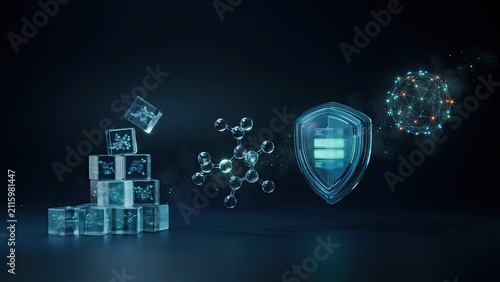 Cubes with digital symbols form a structural sequence protected by a glowing shield against a dark background.