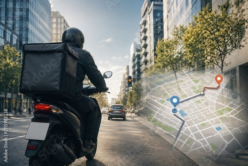 food delivery courier riding a scooter through a modern city during daylight, combined with a sleek digital art interface featuring a navigation map and delivery tracking elements. A clean, logo-free 