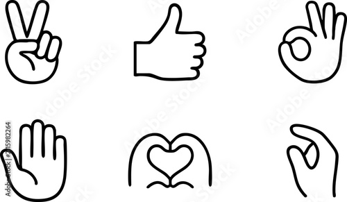 Hand Gesture Line Icon Set with Peace Sign Thumbs Up Heart and OK Symbol
