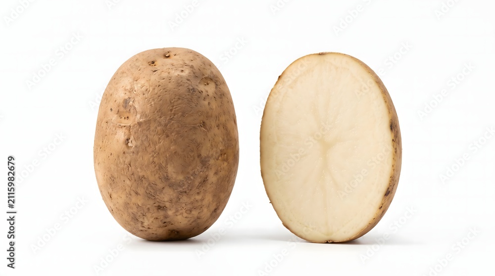 Fototapeta premium Whole raw potato standing beside cross-section revealing pale creamy flesh. Fresh ingredient concept