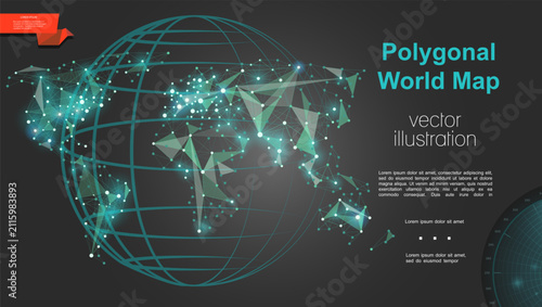 Fotografía Digital world map with glowing network connections on blue globe surface, featuring orbital lines and illuminated dots in futuristic wireframe design