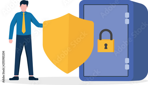 Businessman guarding secure digital vault safe with shield