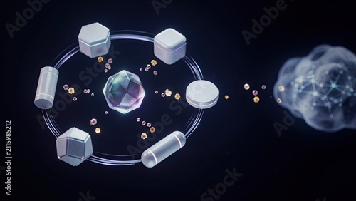 Geometric shapes circle a central crystal orb while transferring small data particles to a nebulous cloud form.