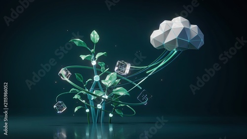 Plant growth integrates with cloud technology and digital cubes to symbolize sustainable green innovation.