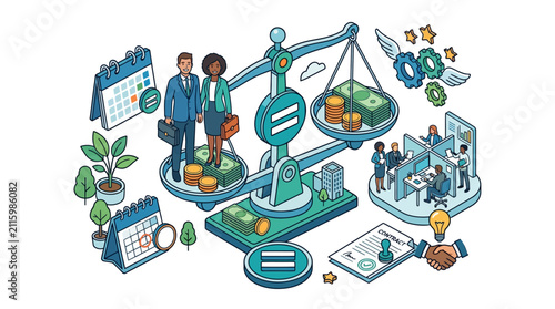 Bild auf Leinwand Business Equality and Corporate Balance Isometric Illustration