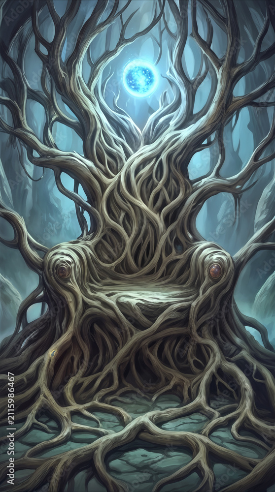 Fototapeta premium Mystical throne made of twisted tree roots in dark enchanted forest. Glowing blue orb floating above wooden chair in fantasy landscape.