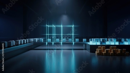 Data cubes float in a dark room illuminated by glowing blue geometric lines and abstract light structures.