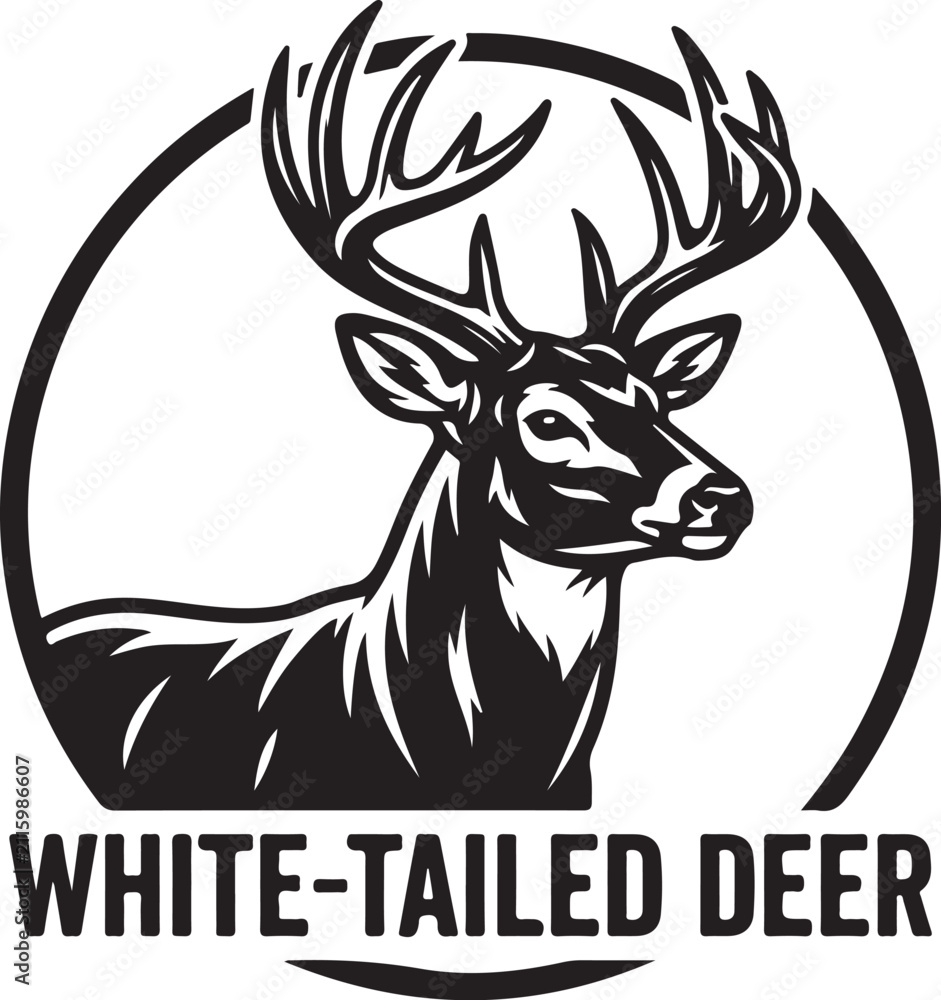 Obraz premium White-Tailed Deer Logo with Antlers and Text in a Circular Design Featuring Wildlife, Nature, Animal with Mammal and Forest