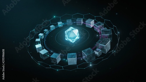 Cube arrangement creates a circular path around a central glowing geometric crystal on a dark textured surface.